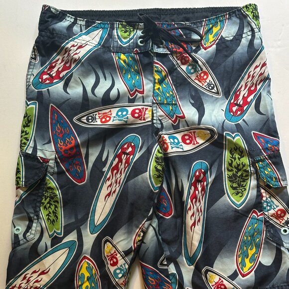Hang Ten Small Youth Surfboard Skull Teen Boys Swim trunks shorts Navy Black - Picture 12 of 12